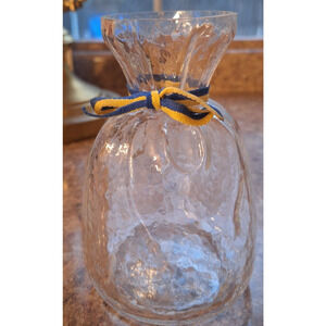 VTG SEA Glasbruk Sweden Clear Glass Bag Sack Vase Pinched Neck, 5.5" Blue/Gold